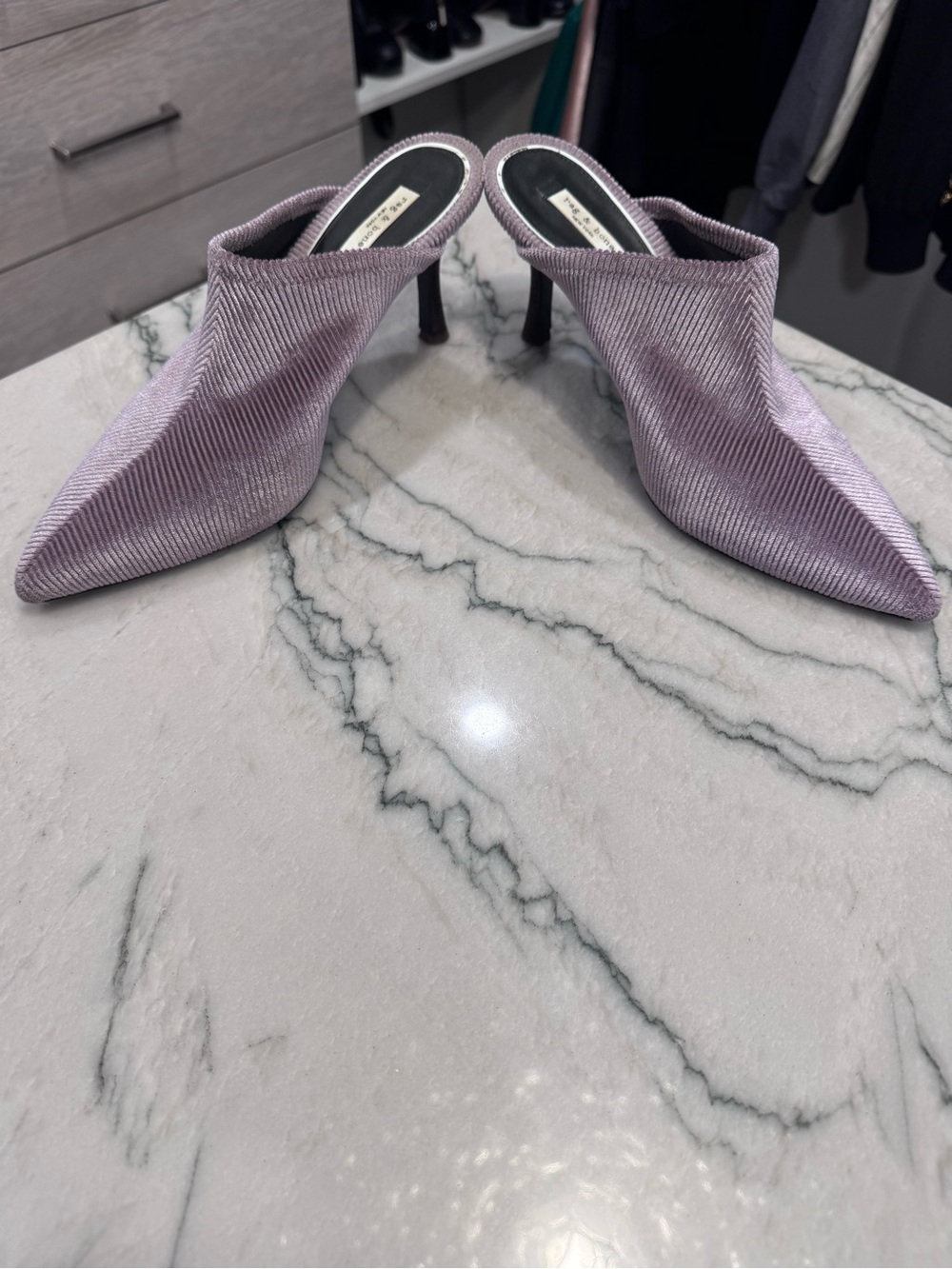 lilac velour corduroy Brea mules by rag & bone, featuring a sharp